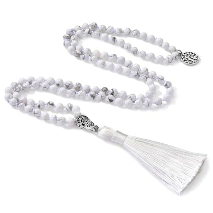 INBLUE 108 Mala Prayer Beads Wrap Necklace with Long Tassel Boho Necklace for Women Amazonite Bead Bracelet with Spiritual Tree of Life Pendant 108 Beads Necklace for Meditation - color: Natural White Howlite