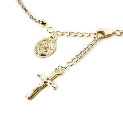 Stunning Catholic Rosary Bracelet for Women with Our Lady of Graces Medal and Cross Crucifix Charm, 14K Gold Plated, Adjustable - Dainty Elegant Religious Jewelry Gift