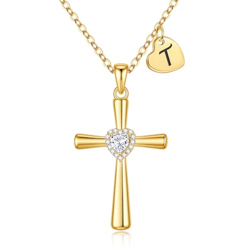 MONOOC Cross Initial Necklace for Women Girls - Christian Birthday Gifts - color: T