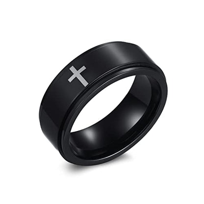 6mm/8mm Titanium Steel Black/Silver/Gold Fidget Ring Engraved Small Cross Stainless Steel Spinner Rings Stress Relieving Anxiety Ring Engagement Wedding Promise Band for Women Men Size 5-15 - color: 8mm Black