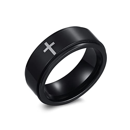 6mm/8mm Titanium Steel Black/Silver/Gold Fidget Ring Engraved Small Cross Stainless Steel Spinner Rings Stress Relieving Anxiety Ring Engagement Wedding Promise Band for Women Men Size 5-15 - color: 8mm Black