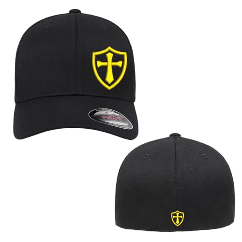 Crusader Cross Military Logo Front and Back Embroidered Fitted Hat Black Grey Navy Red Olive Royal Blue Curved or Flat Brim - color: Black Curved W/ Yellow Logo, size: Small-Medium