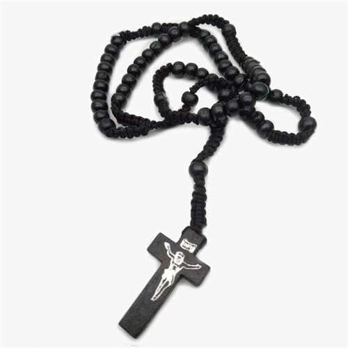 Natural Wood Beaded Cross Rosary Necklace Boho Handmade 8MM Wooden Beads with Jesus Cross Lightweight Rope Necklace for Men Women Religious Christian Prayer Fashion Jewelry Gifts - color: Black