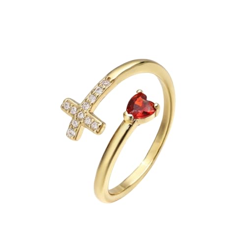 14K Gold Plated CZ Cross Heart Ring Eternity Promise Jewelry for Her - style: Orange Red Stone