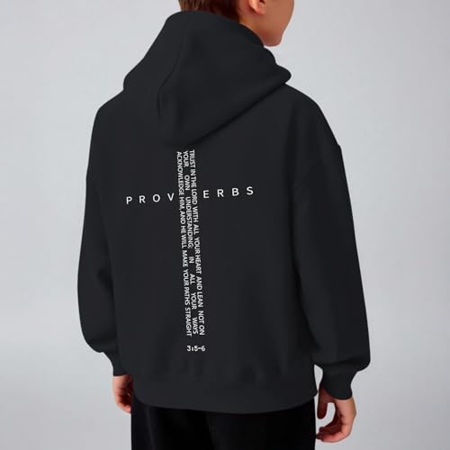 Christian Hoodies for Kids Boys Religious Jesus Hoodie Faith Cross Sweatshirts Vintage Bible Verse Graphic Pullovers - color: Black, size: 5-6 Years