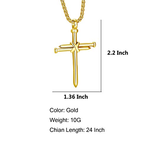 Men's Stainless Steel Nail Cross Pendant Necklace With 24 Inch Chain - color: Gold