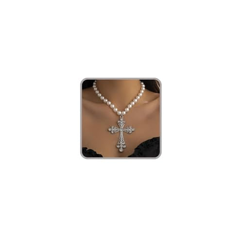 Pearl Cross Necklace Big Cross Pendants Necklaces for Women Chunky Pearl Necklace Gothic Cross Necklace Punk Vintage Cross Jewelry Women - style: Silver