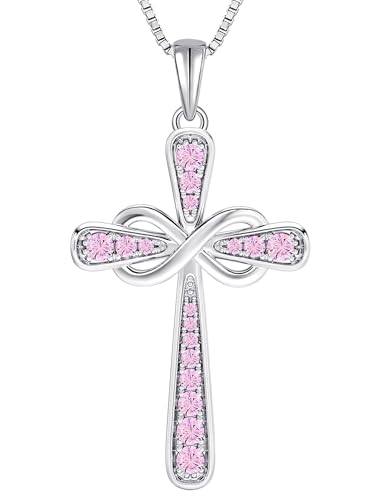 YL 925 Sterling Silver Cross Necklace for Women Halo Infinity Pendant Cubic Zirconia Jewelry for Mom - color: 10-pink tourmaline-Oct