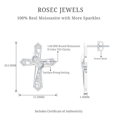 Certified Moissanite Catholic Cross Stud Earrings in Silver, D-Vs1 Quality