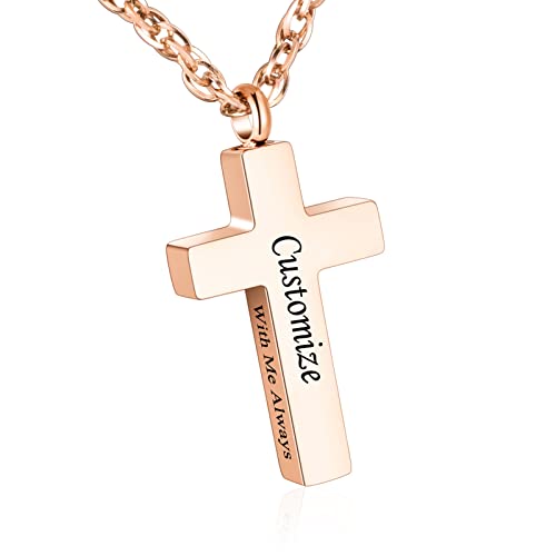 Cremation Cross Necklace for Ashes Stainless Steel Cross Urn Pendant Ashes Holder Memorial Jewelry-With Me Always - style: With me always-Rose Gold engraving