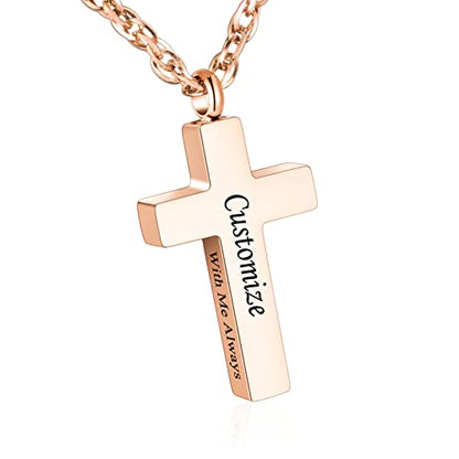 Cremation Cross Necklace for Ashes Stainless Steel Cross Urn Pendant Ashes Holder Memorial Jewelry-With Me Always - style: With me always-Rose Gold engraving