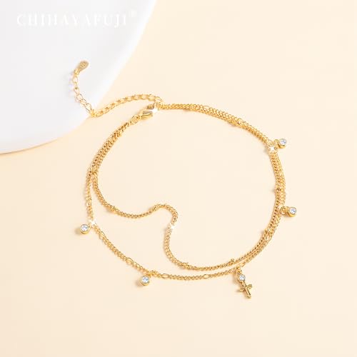 14K Gold/Sterling Silver Plated Ankle Bracelets for Women Waterproof Layered Stackable Sparkly Chain Birthstone Charm Non Tarnish Large Adjustable Birthday Jewelry Gift - color: Gold3