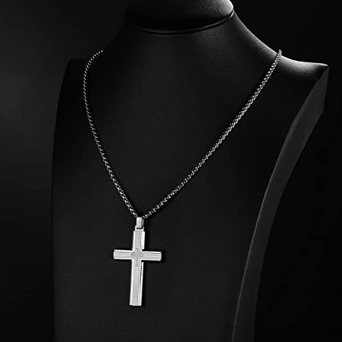 Holizaly Men's Cross Necklace 316L Stainless Steel Pendant White/Gold/Black/Blue Rolo Chain-Gift Box Included - color: Silver -A