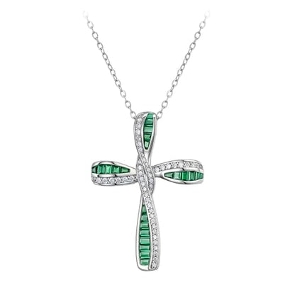 EVER FAITH S925 Silver Princess Cut CZ Infinity Twisted Cross Necklace - color: Emerald Green
