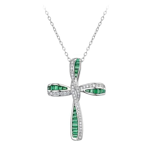 EVER FAITH S925 Silver Princess Cut CZ Infinity Twisted Cross Necklace - color: Emerald Green