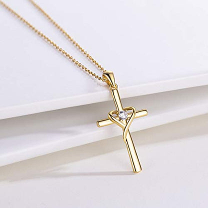 AmorAime 925 Sterling Silver Cross Necklace for Women Men 14K Gold Plated 5A CZ Birthstone Necklaces for Holiday - color: Z-Gold