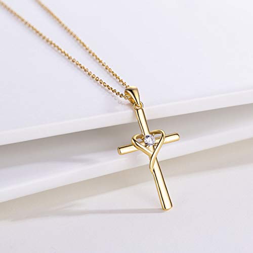 AmorAime 925 Sterling Silver Cross Necklace for Women Men 14K Gold Plated 5A CZ Birthstone Necklaces for Holiday - color: Z-Gold