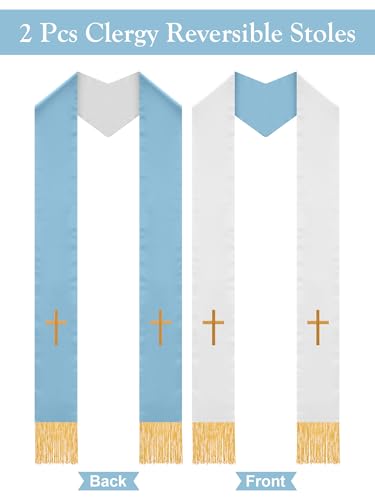 Eurzom 2 Pcs Reversible Clergy Stole with Cross Tassels - color: Blue,white