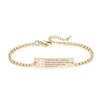 Bible Verse Bracelet-Stainless Steel Scripture Quotes Inspirational Bracelet Faith Christian Bracelet for Women, Christmas gift for women - color: Cross-Gold