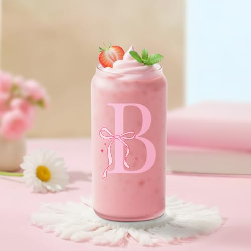 SANDJEST Monogrammed Glass Drinking Can Cup with Acrylic Lid and Straw, Personalized Frosted Iced Coffee Tumbler 16oz, Monogram Initial Gifts for Women Girls on Birthday (B) - color: B