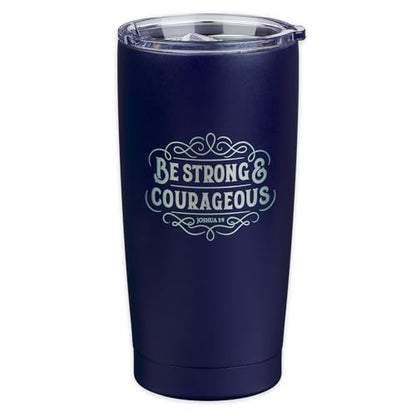 Christian Art Gifts Large Insulated Stainless Steel Travel Mug Tumbler for Men & Women: Strong & Courageous Uplifting Scripture, Double Wall Vacuum Sealed, Retractable Lid, Navy Blue & Silver, 18 oz. - color: Navy Blue/Strong & Courageous