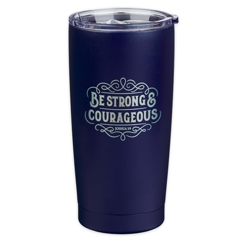 Christian Art Gifts Large 18 oz. Stainless Steel Travel Mug Tumbler for Men - color: Navy Blue/Strong & Courageous