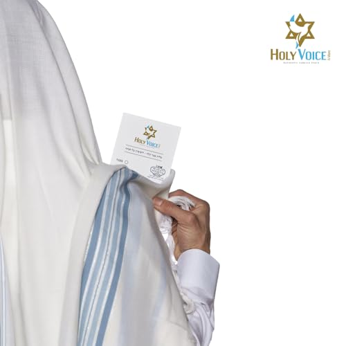HOLY VOICE 100% Wool Tallit Prayer Shawl Kosher Certified White with Stripes for Men, Made in Israel w/ 100% Wool Tzitzit - color: Light Blue Stripes, size: 51"x73"