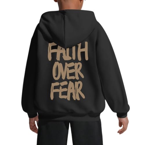 Boys Christian Faith Over Fear Hoodie Kids Jesus Religious Hoodies Inspirational Bible Verse Sweatshirt Pullover top - color: Black, size: 9-10 Years