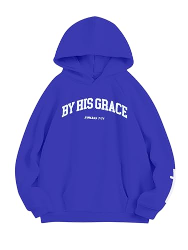 FAYALEQ Christian Sweatshirt By His Grace Letter Print Hoodie Christian Religious Sayings Sweater Bible Pullover Tops - color: Blue, size: X-Large