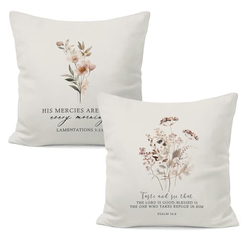 Boho Floral Christian Pillow Covers 18x18, Christian Home Room Decor, Inspirational Bible Verse Scripture Decorative Pillow Covers for Girls Nursery Home Bedroom Sofa Couch, Set of 2