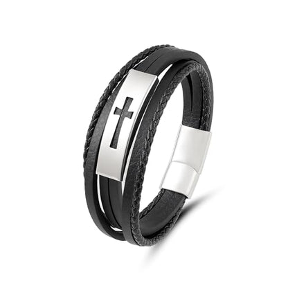 Mens Leather Cross Bracelet Multilayer Braided Wristband Bangle Bracelets with Stainless Steel Buckle Religious Gift for Men Brown/Black/Blue–8.3 inch - color: Style3, size: 8.3in(Fits most wrists)
