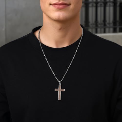 Wooden Cross Necklace for Men With Stainless steel And Black Ebony Adjustable Box Chain 24–26 inches Suitable for Everyday Wear And Christian Gifts for Men - color: Silver