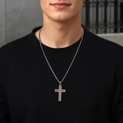 Wooden Cross Necklace for Men With Stainless steel And Black Ebony Adjustable Box Chain 24–26 inches Suitable for Everyday Wear And Christian Gifts for Men - color: Silver
