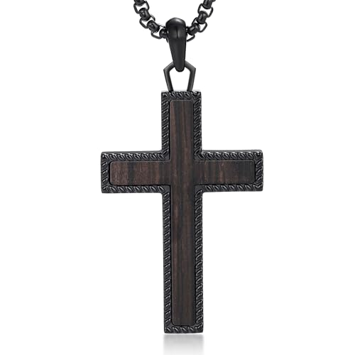 Wooden Cross Necklace for Men With Stainless steel And Black Ebony Adjustable Box Chain 24–26 inches Suitable for Everyday Wear And Christian Gifts for Men - color: Black-E