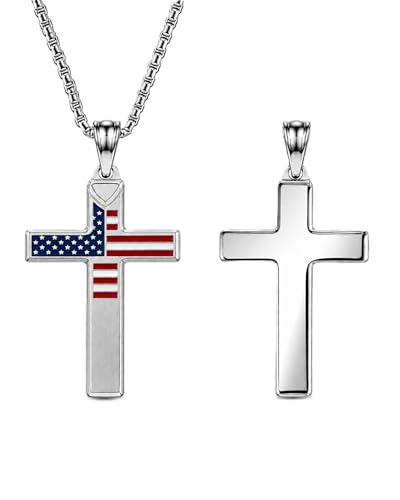 American Flag Cross Necklace for Men - color: Elegant Silver