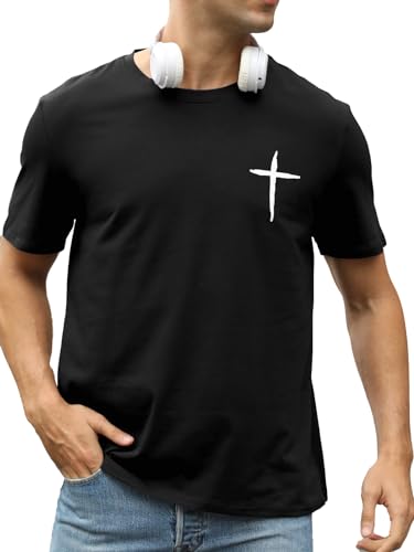 Mens Short Sleeve Cotton T-Shirts Crew Neck Jesus Cross Printed Shirts Faith Christ Shirts - color: Black, size: Small