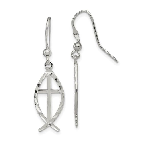 The Black Bow Diamond Cut Ichthus Cross Dangle Earrings in Sterling Silver