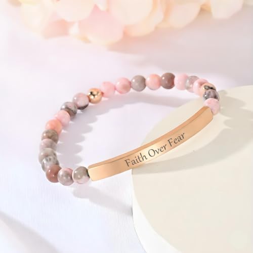 Inspirational Bracelets for Women,18K Gold Plated Christian Bible Verse Faith Jewelry, Religious Jesus Prayer Gift for Mom, Sister, Friend - color: FAITH OVER FEAR-Pink Zebra Jasper-Rose Gold