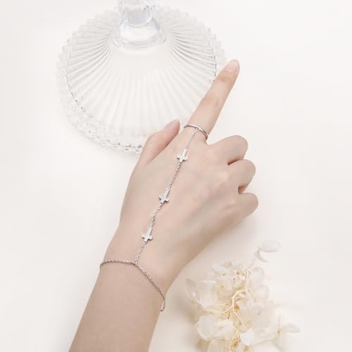S925 Sterling Silver Finger Ring Bracelet Hand Adjustable Chain for Women - style: Cross