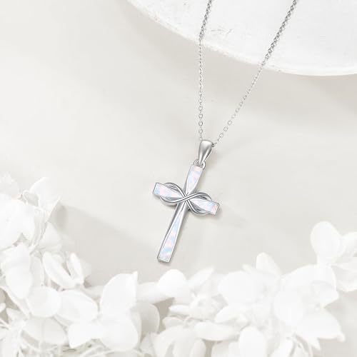 ONEFINITY Cross Necklace 925 Sterling Silver Cross Pendant Religious Jewelry Gifts - style: white opal