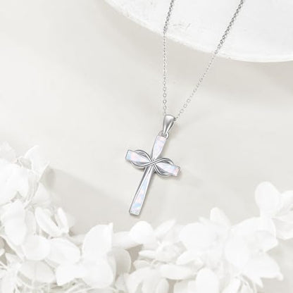 ONEFINITY Cross Necklace 925 Sterling Silver Cross Pendant Religious Jewelry Gifts - style: white opal