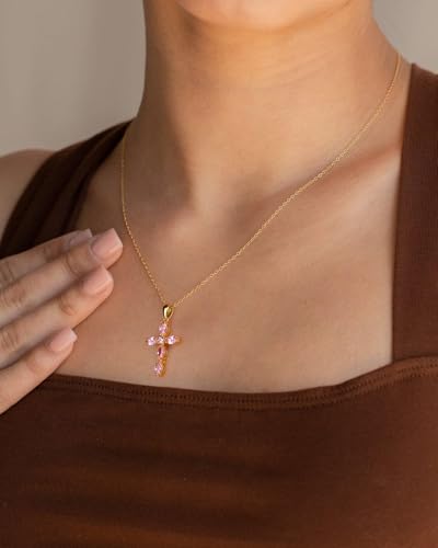 14K Gold Plated Birthstone Cross Pendant Necklace for Women Men - color: 10-Created Pink Sapphire-Oct