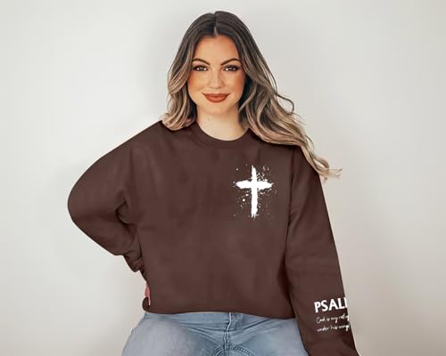 MOUSYA Women Christian Sweatshirt Psalms 91 Sleeve Print Sweatshirt Bible Verse Pullover - color: Brown, size: XX-Large