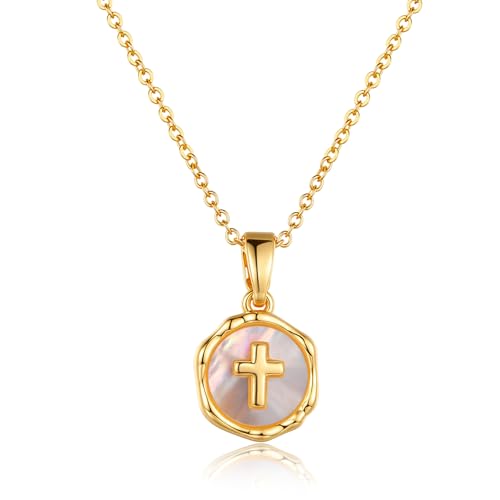 Gold Enamel Mini Cross Necklace Tiny Mother of Pearl Cross Necklace Religious Christian Gift for Baptism First Communion Christmas - color: small mother of pearl cross (10mm)-gold