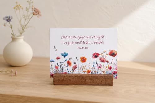 48 Encouraging Scripture Verse Cards with Walnut Wood Stand – 2 Unique Sets: Watercolor Wildflowers + Elegant Floral Design – Christian Desktop Bible Verse Affirmations for Daily Inspiration & Gifting