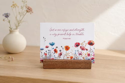 48 Encouraging Scripture Verse Cards with Walnut Wood Stand – 2 Unique Sets: Watercolor Wildflowers + Elegant Floral Design – Christian Desktop Bible Verse Affirmations for Daily Inspiration & Gifting