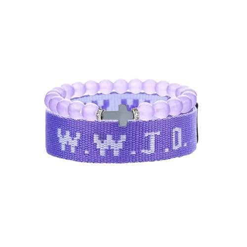 WWJD Bracelets Set WWJD Wristbands Christian Cross Bracelet Stackable Clay Bead Bracelets Stretch Glass Beaded Inspirational Christian Jewelry Gift for Couples Women Men - color: 2 Pcs Purple
