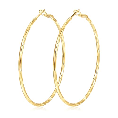 2MM Thin Gold Hoop Earrings Sterling Silver Post Hoop Earrings For Women Diamond-Cut Gold Hoops Earrings 14K Gold Plated Hoops Earrings Lightweight Hypoallergenic Oversize Gold Earrings For Women - color: Gold-60MM