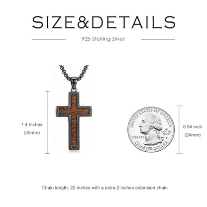 Cross Necklace for Men 925 Sterling Silver & Wood Cross Pendant with Stainless Steel Chain Cross Necklace for Men Women Christian Jewelry Gift - color: Cross-3
