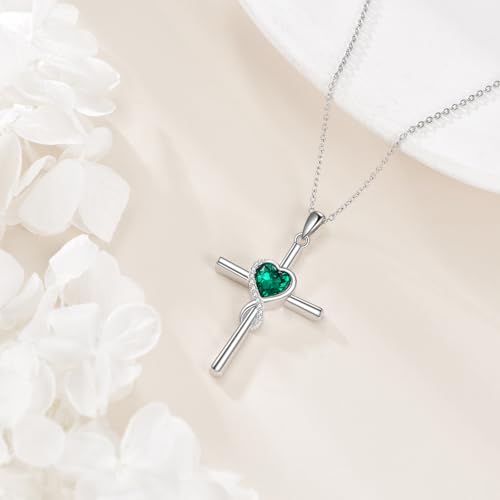 S925 Sterling Silver Cross Necklace for Women Birthstone Necklace Heart Infinity Cross Pendant Necklace Christmas Valentines Day Gifts Birthday Holiday Gifts for Her, 18"+2" Inches - color: 05-May Birthstone - Emerald